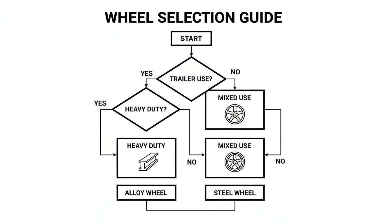 Flowchart guiding wheel selection based on trailer, heavy duty, or mixed use, suggesting alloy or steel wheels.