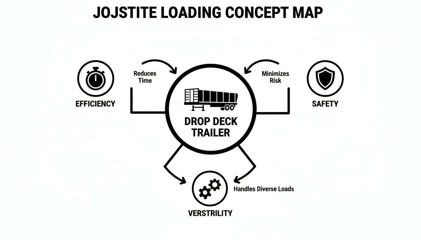 Concept map illustrating JOJSTITE LOADING with a drop deck trailer, emphasizing efficiency, safety, and versatility benefits.