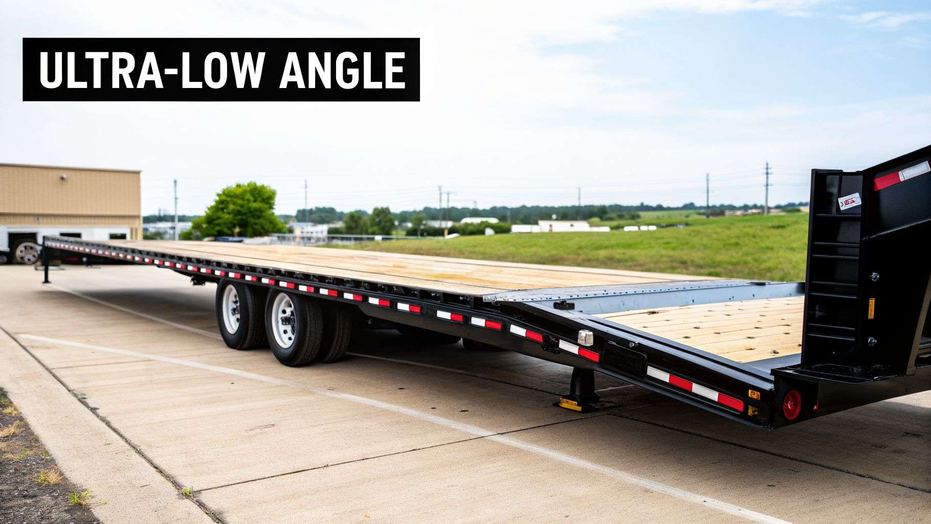 A long black drop-deck equipment trailer with a wooden deck shown from an ultra-low angle.
