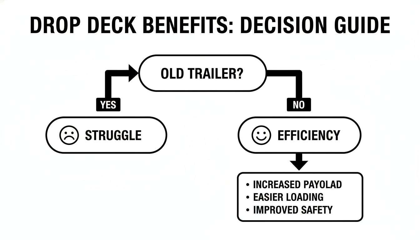 Flowchart decision guide for drop deck benefits: old trailer leads to struggle, new leads to efficiency and benefits.