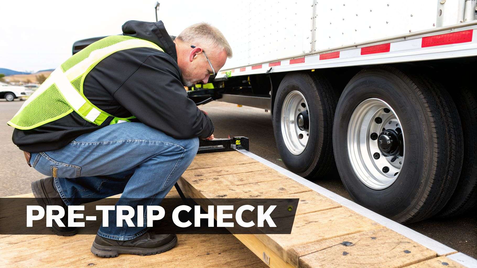 A man in a safety vest inspecting the tires and securing cargo on a drop-deck utility trailer.