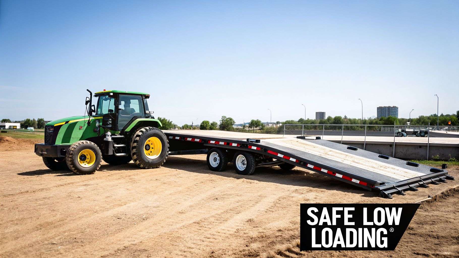 A green John Deere tractor hitched to a black drop deck utility trailer on sandy ground under a blue sky.