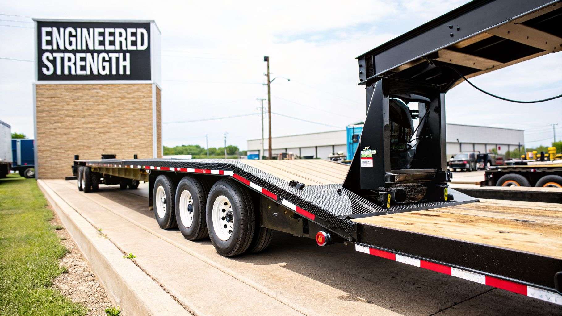 A long black drop deck utility trailer with a wooden bed, white wheels, and reflective tape.
