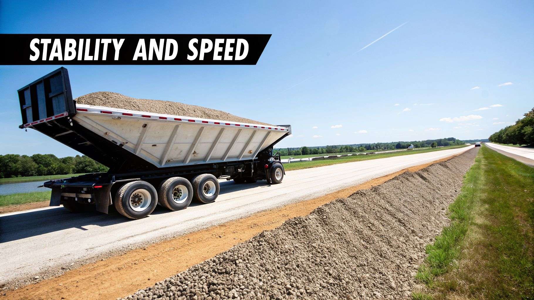 A large side-dumping truck on a highway construction site, loaded with gravel under a clear blue sky.