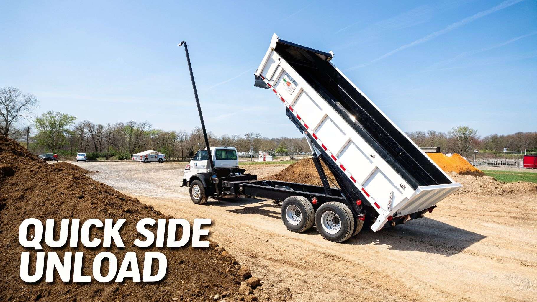 A white dump truck quickly unloads a large pile of dirt from its side-tilting bed on a sunny day.