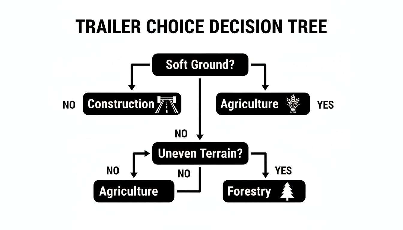 A trailer choice decision tree diagram showing paths for soft ground, uneven terrain, construction, agriculture, and forestry.