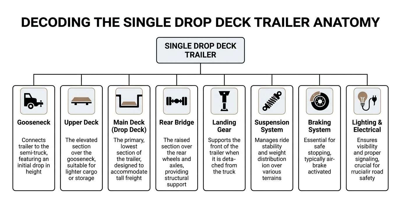 A diagram illustrating the anatomy of a single drop deck trailer with descriptive labels for each part.