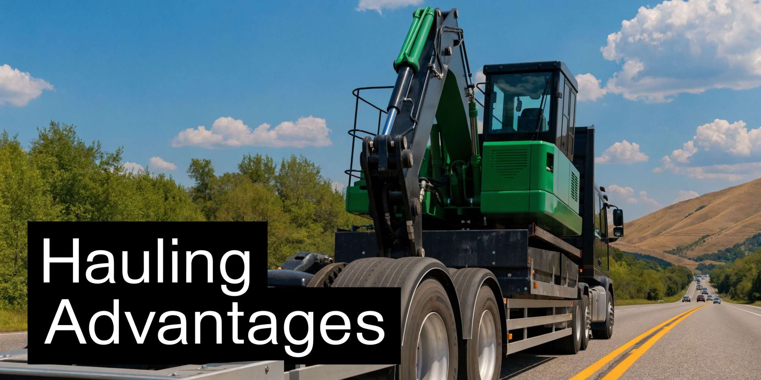 A large truck transports a green construction excavator on a flatbed trailer along a scenic highway.