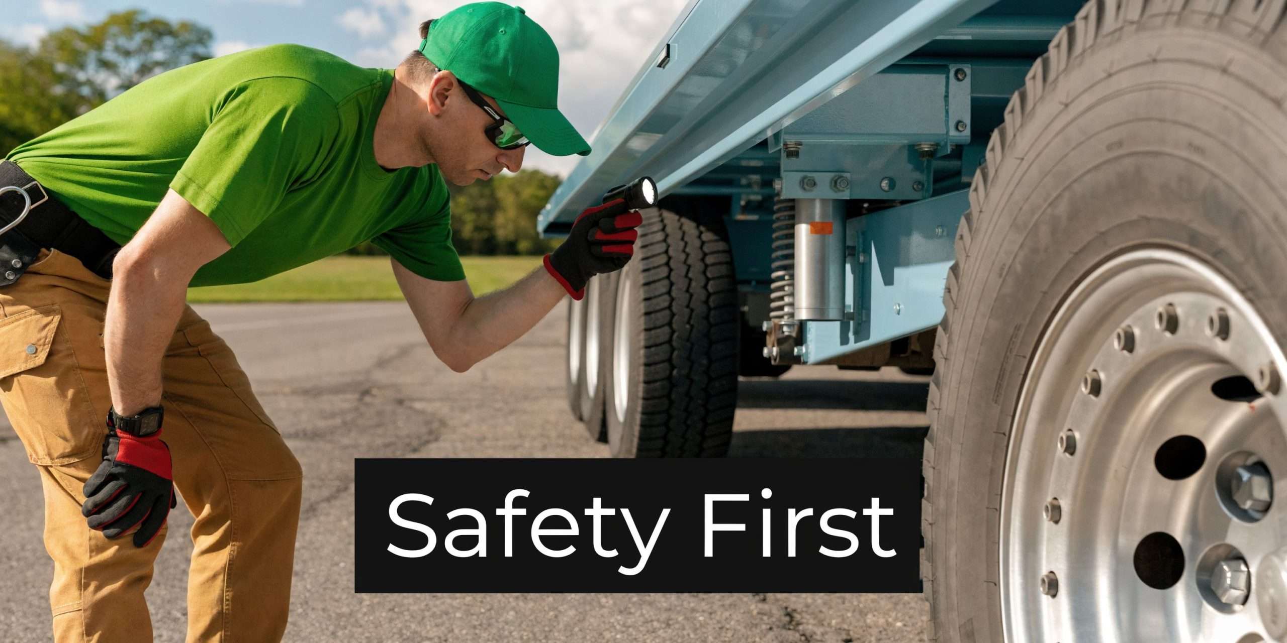 A professional truck driver in a green uniform using a flashlight to inspect a trailer chassis.
