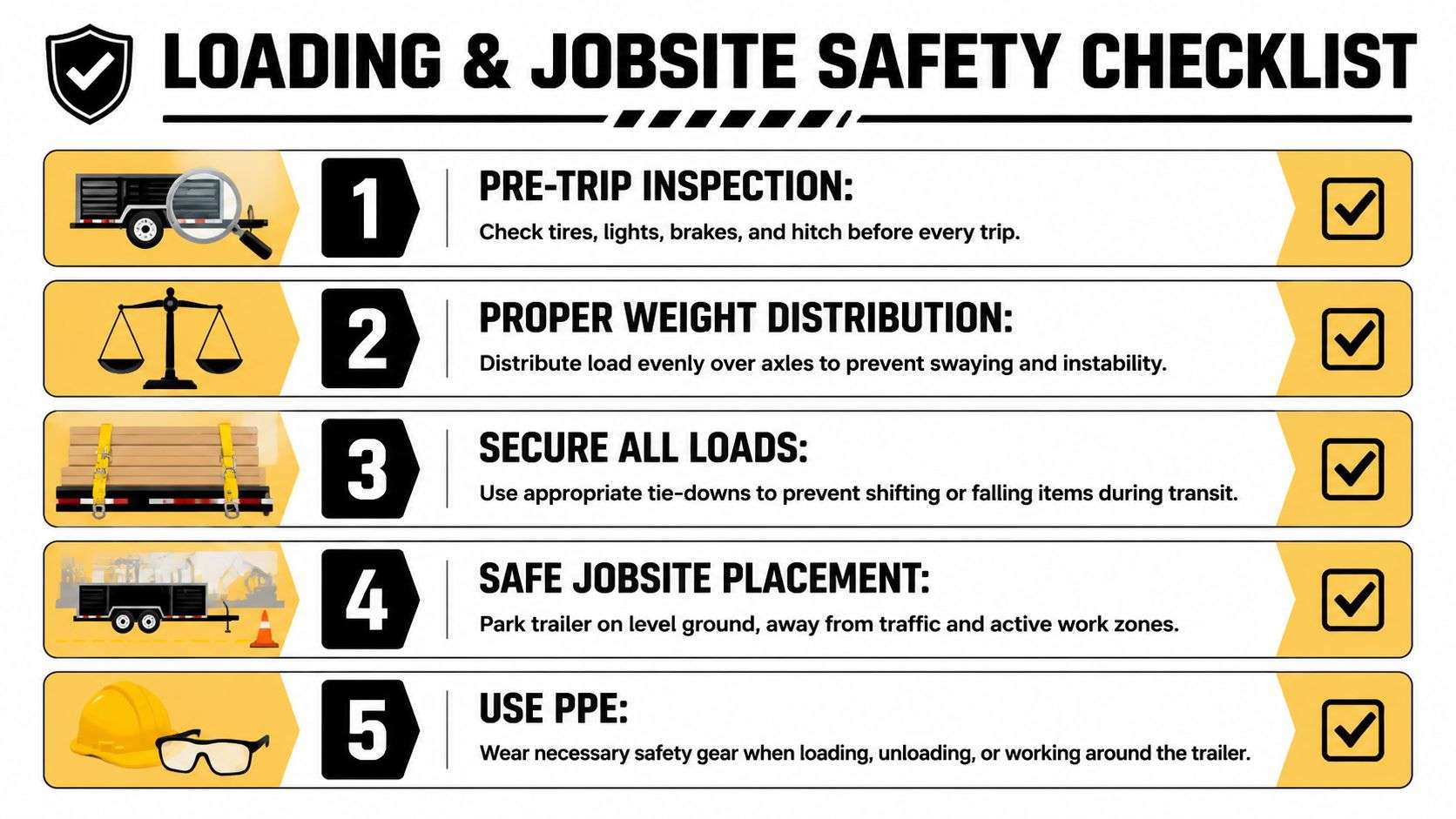 contractor work trailers safety checklist Contractor Work Trailers: A Buyer's Guide for 2026 That's why contractor work trailers deserve the same scrutiny you give a skid steer, mini excavator, or dump truck. A trailer can either support the pace of the work or drag on it every day. A safety checklist infographic for loading and using contractor work trailers, featuring five essential safety steps.