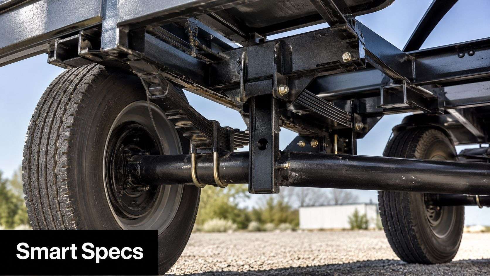 contractor work trailers trailer suspension Contractor Work Trailers: A Buyer's Guide for 2026 That's why contractor work trailers deserve the same scrutiny you give a skid steer, mini excavator, or dump truck. A trailer can either support the pace of the work or drag on it every day. A close-up view of the rugged leaf spring suspension and trailer axle on a commercial heavy-duty trailer.