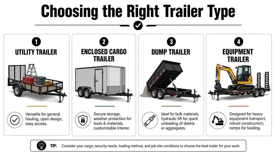 contractor work trailers trailer types Contractor Work Trailers: A Buyer's Guide for 2026 That's why contractor work trailers deserve the same scrutiny you give a skid steer, mini excavator, or dump truck. A trailer can either support the pace of the work or drag on it every day. An infographic showing four types of trailers for contractor work including utility, enclosed, dump, and equipment trailers.