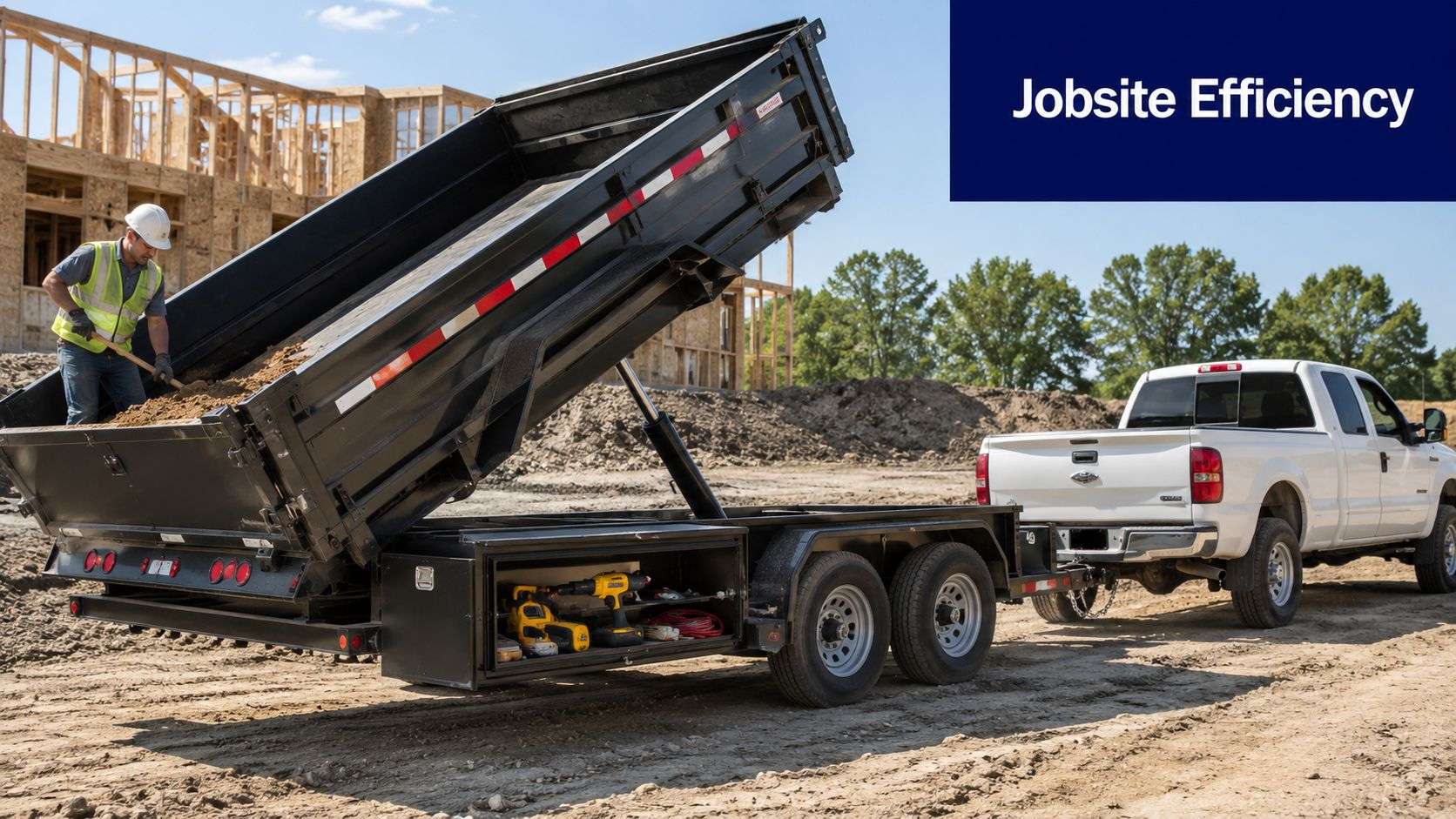 A construction worker uses a shovel inside an elevated black dump trailer hitched to a white truck.