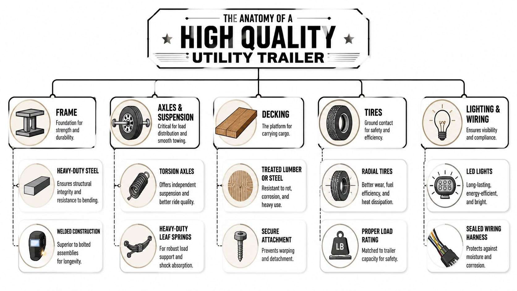 A detailed infographic titled The Anatomy of a High Quality Utility Trailer showing essential trailer components.
