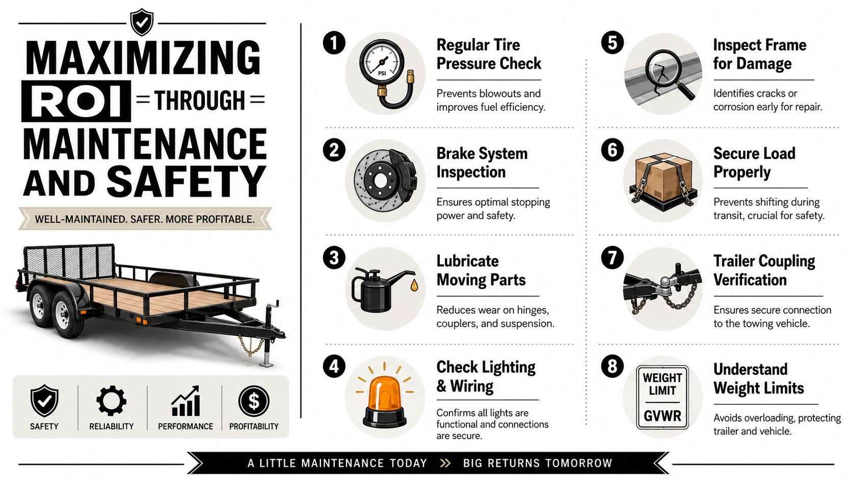 An infographic illustrating eight essential trailer maintenance steps to maximize safety and return on investment.