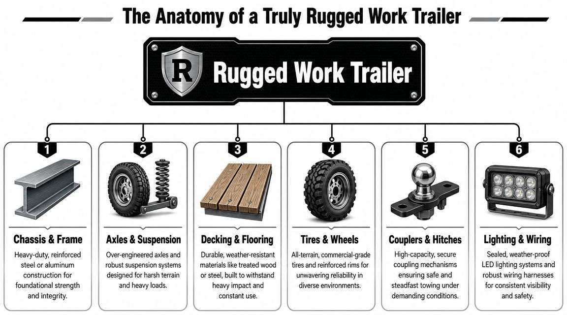 image 1 Rugged Work Trailers: A Buyer's Guide for 2026 A practical benchmark for rugged work trailers is GVWR in the 10K to 16K class, with a 7-foot bed and 16 to 24-foot deck length, because that range typically supports 6,950 to 12,660 lb of load capacity while still giving enough usable footprint for compact equipment and materials, as shown in equipment trailer specifications from Sure-Trac. Manufacturers commonly use a C-channel frame with cross-members because it improves bending stiffness and spreads point loads from tracked or wheeled machines more evenly. The Anatomy of a Truly Rugged Work Trailer