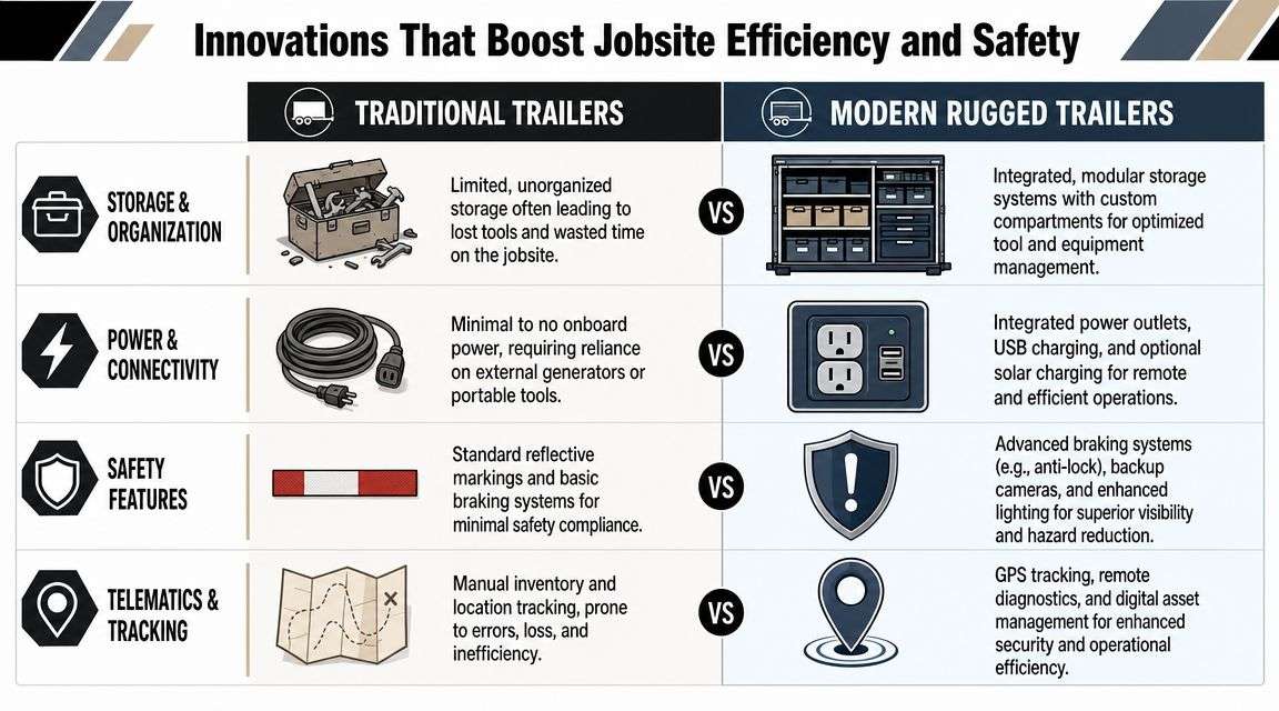 image 2 Rugged Work Trailers: A Buyer's Guide for 2026 A practical benchmark for rugged work trailers is GVWR in the 10K to 16K class, with a 7-foot bed and 16 to 24-foot deck length, because that range typically supports 6,950 to 12,660 lb of load capacity while still giving enough usable footprint for compact equipment and materials, as shown in equipment trailer specifications from Sure-Trac. Manufacturers commonly use a C-channel frame with cross-members because it improves bending stiffness and spreads point loads from tracked or wheeled machines more evenly. Innovations That Boost Jobsite Efficiency and Safety