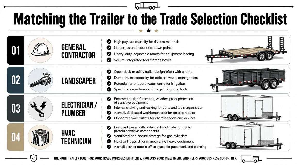 image 3 Rugged Work Trailers: A Buyer's Guide for 2026 A practical benchmark for rugged work trailers is GVWR in the 10K to 16K class, with a 7-foot bed and 16 to 24-foot deck length, because that range typically supports 6,950 to 12,660 lb of load capacity while still giving enough usable footprint for compact equipment and materials, as shown in equipment trailer specifications from Sure-Trac. Manufacturers commonly use a C-channel frame with cross-members because it improves bending stiffness and spreads point loads from tracked or wheeled machines more evenly. Matching the Trailer to the Trade Selection Checklist