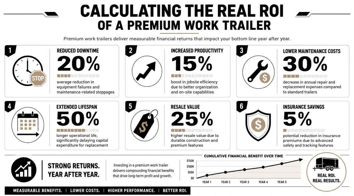 image 4 Rugged Work Trailers: A Buyer's Guide for 2026 A practical benchmark for rugged work trailers is GVWR in the 10K to 16K class, with a 7-foot bed and 16 to 24-foot deck length, because that range typically supports 6,950 to 12,660 lb of load capacity while still giving enough usable footprint for compact equipment and materials, as shown in equipment trailer specifications from Sure-Trac. Manufacturers commonly use a C-channel frame with cross-members because it improves bending stiffness and spreads point loads from tracked or wheeled machines more evenly. Calculating the Real ROI of a Premium Work Trailer