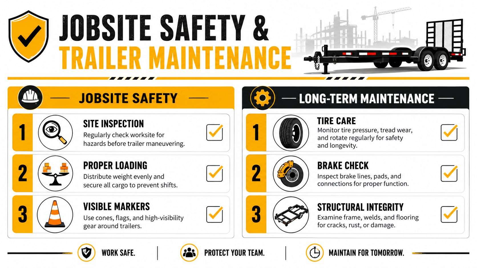 construction work trailers safety maintenance Construction Work Trailers the Complete Buyer's Guide 2026 That's why construction work trailers deserve the same scrutiny as a skid steer, loader, or truck. They don't just move equipment. They shape loading speed, unloading control, theft exposure, road compliance, and how much paid labor gets burned on tasks that should be routine. An infographic detailing essential jobsite safety practices and long-term maintenance tips for construction trailers and equipment.