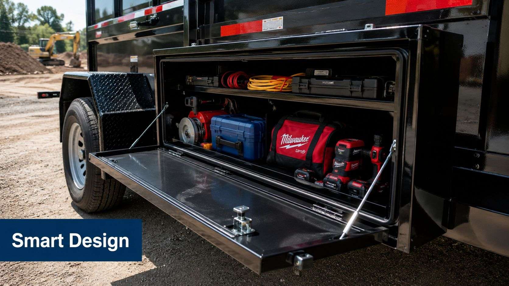 construction work trailers storage compartment Construction Work Trailers the Complete Buyer's Guide 2026 That's why construction work trailers deserve the same scrutiny as a skid steer, loader, or truck. They don't just move equipment. They shape loading speed, unloading control, theft exposure, road compliance, and how much paid labor gets burned on tasks that should be routine. A black heavy-duty construction trailer features a large, open storage compartment filled with tools and equipment.