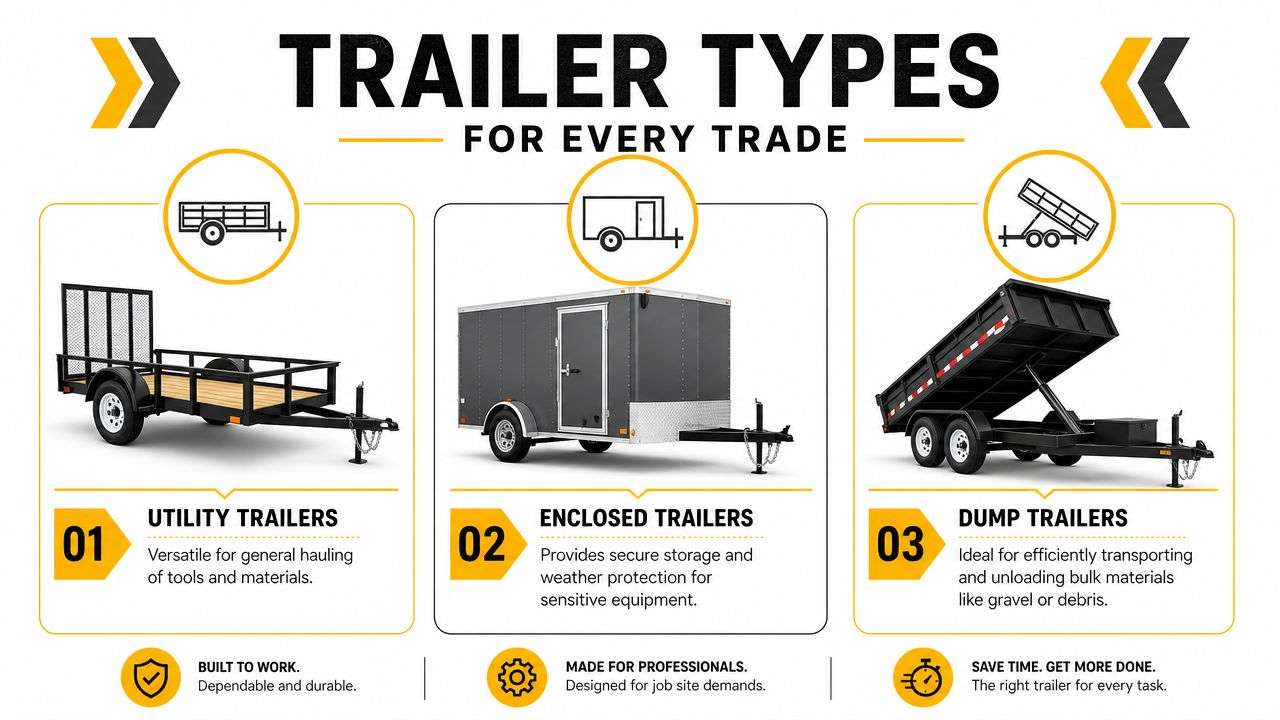 construction work trailers trailer types Construction Work Trailers the Complete Buyer's Guide 2026 That's why construction work trailers deserve the same scrutiny as a skid steer, loader, or truck. They don't just move equipment. They shape loading speed, unloading control, theft exposure, road compliance, and how much paid labor gets burned on tasks that should be routine. A graphic displaying three types of trailers for trade work: utility, enclosed, and dump trailers.