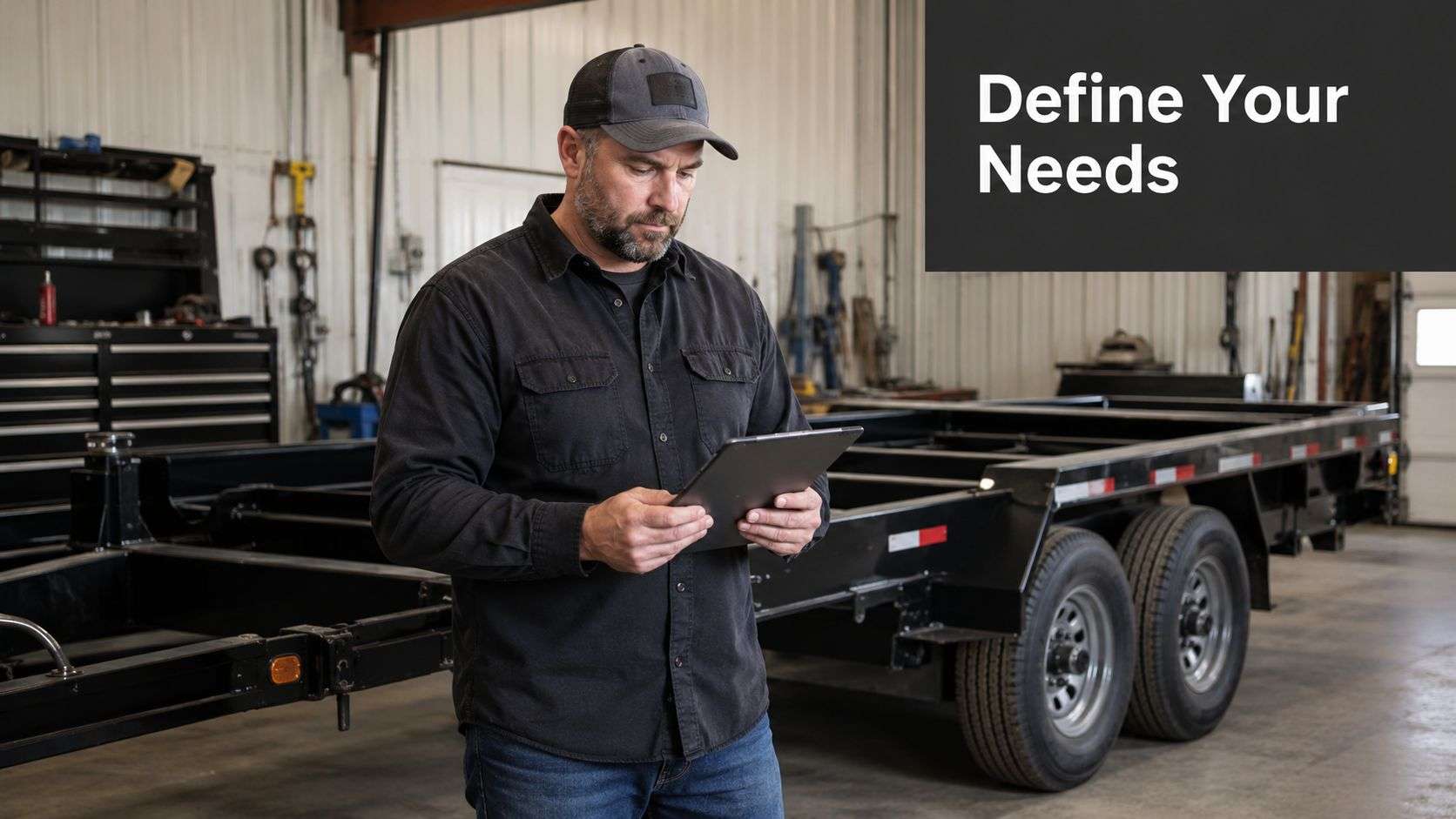 A professional man checking custom work trailer specifications on a tablet in a spacious workshop environment.