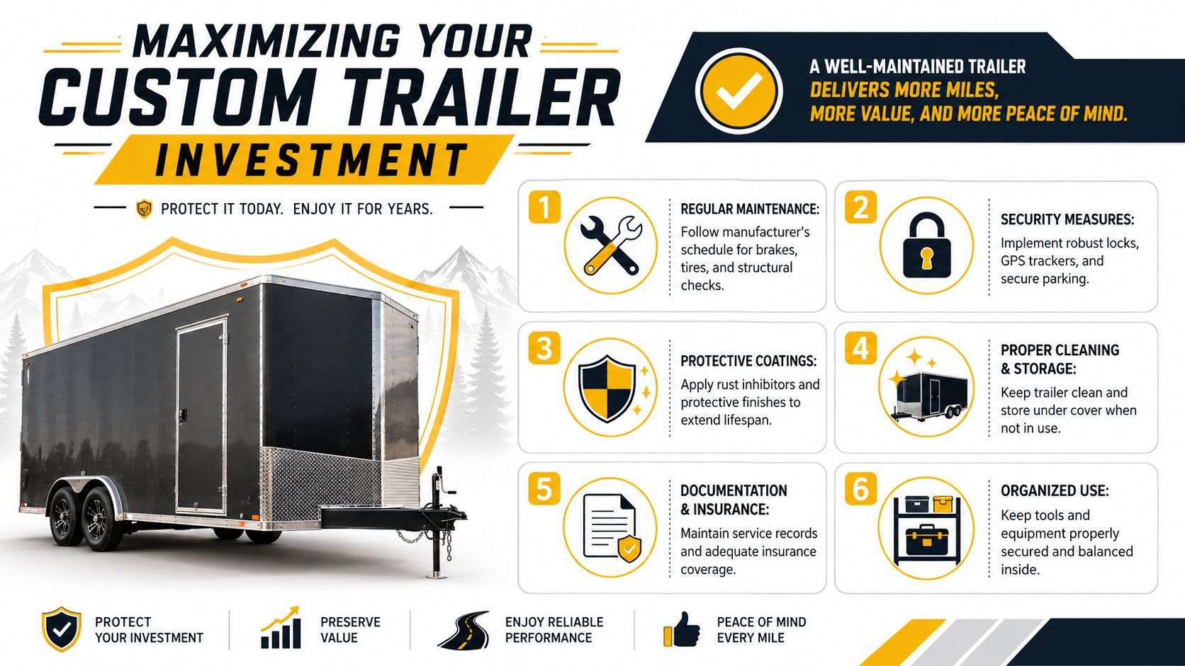 An infographic detailing six essential steps to maintain and protect your custom work trailer investment.