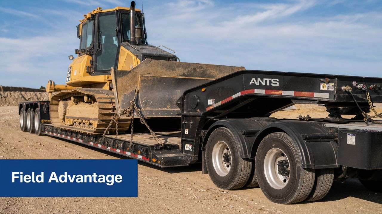 A heavy-duty industrial trailer hauling a yellow bulldozer on a construction site during a sunny day.