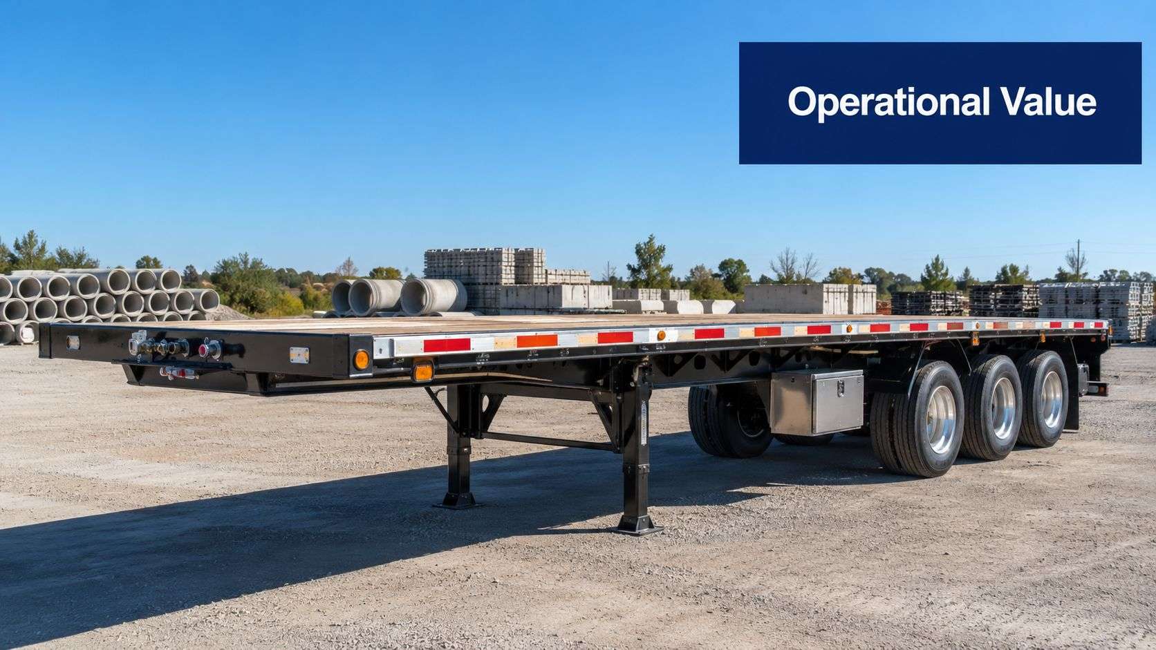 A flatbed trailer parked on a gravel lot under a clear blue sky, designed for industrial use.
