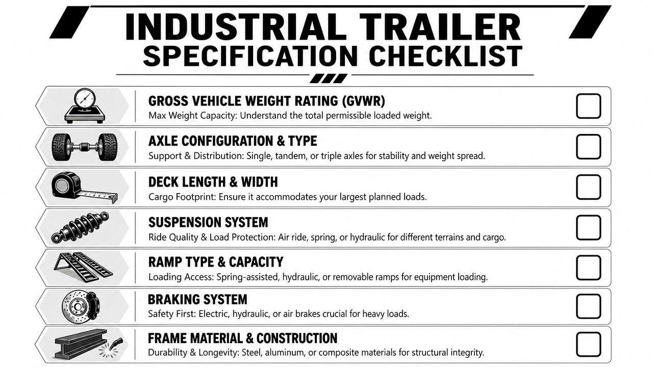 A checklist for industrial trailer specifications covering weight, axles, dimensions, suspension, ramps, braking, and frame construction.
