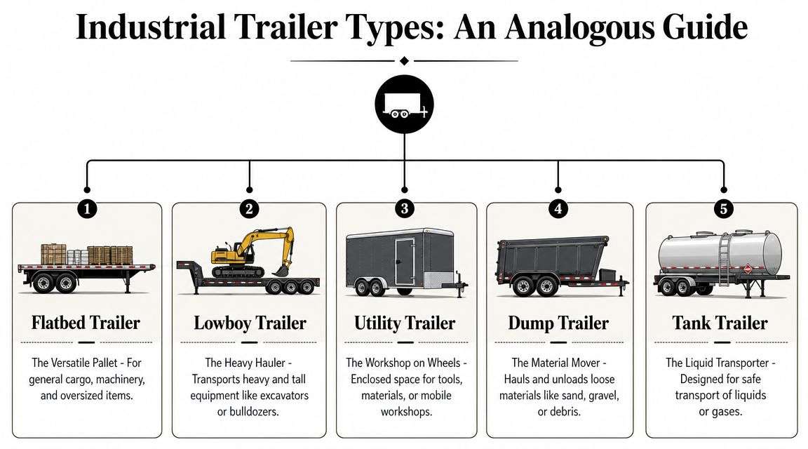 A diagram illustrating five types of industrial trailers including flatbed, lowboy, utility, dump, and tank trailers.