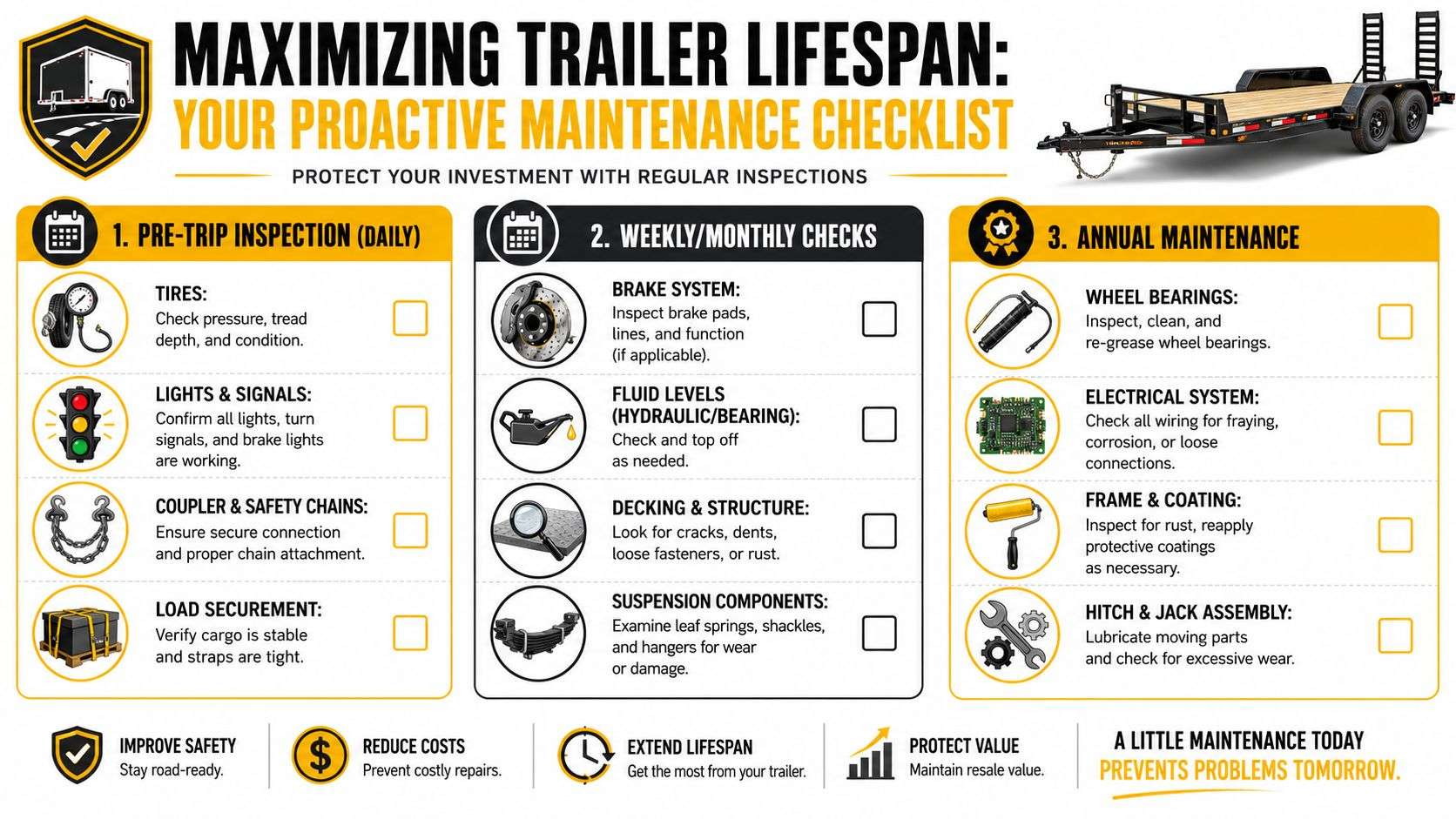 An infographic titled Maximizing Trailer Lifespan providing a comprehensive checklist for daily, monthly, and annual maintenance.