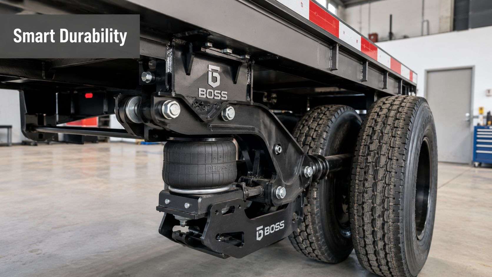 Close-up of a heavy-duty BOSS air ride suspension system installed on a commercial flatbed trailer.