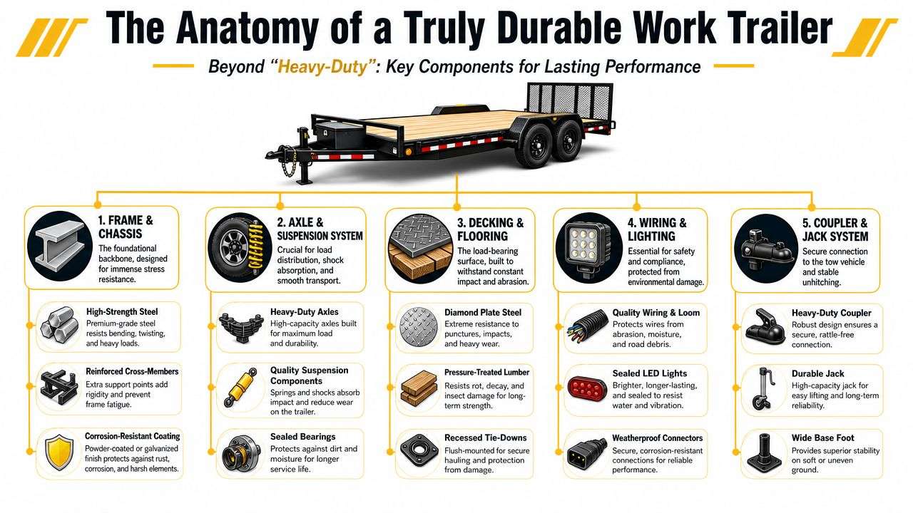An infographic showing the anatomy and essential components of a durable, high-quality work trailer for hauling.