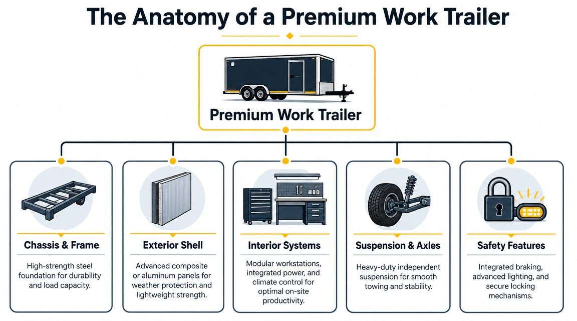 A diagram outlining the key components of a premium work trailer, including chassis, exterior, interior, suspension, and safety.