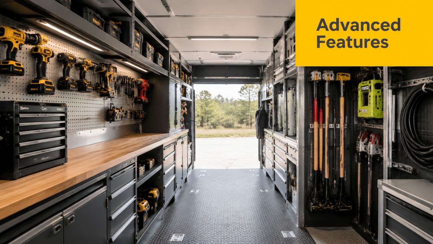 The interior of a professional mobile workshop trailer featuring organized power tools and spacious work surfaces.