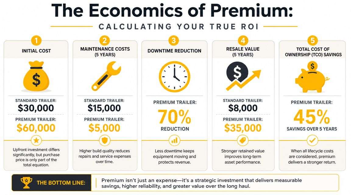 An infographic comparing the total cost of ownership and ROI of standard versus premium work trailers.