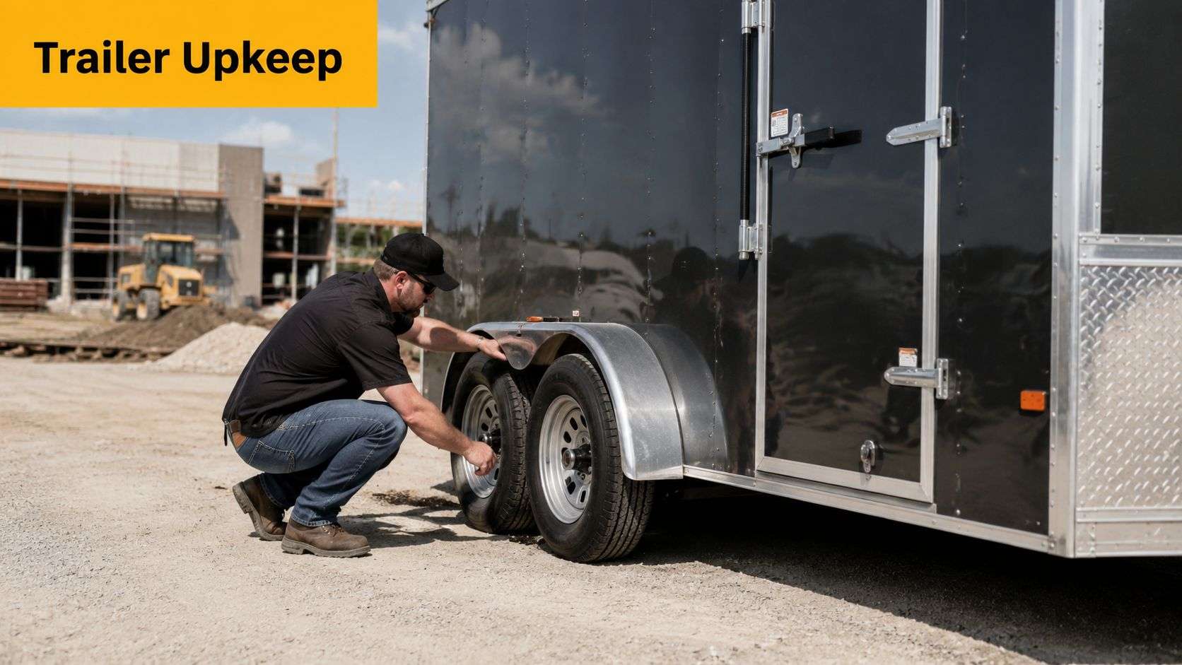 A professional contractor in a black shirt inspects the tires of a large black cargo trailer.