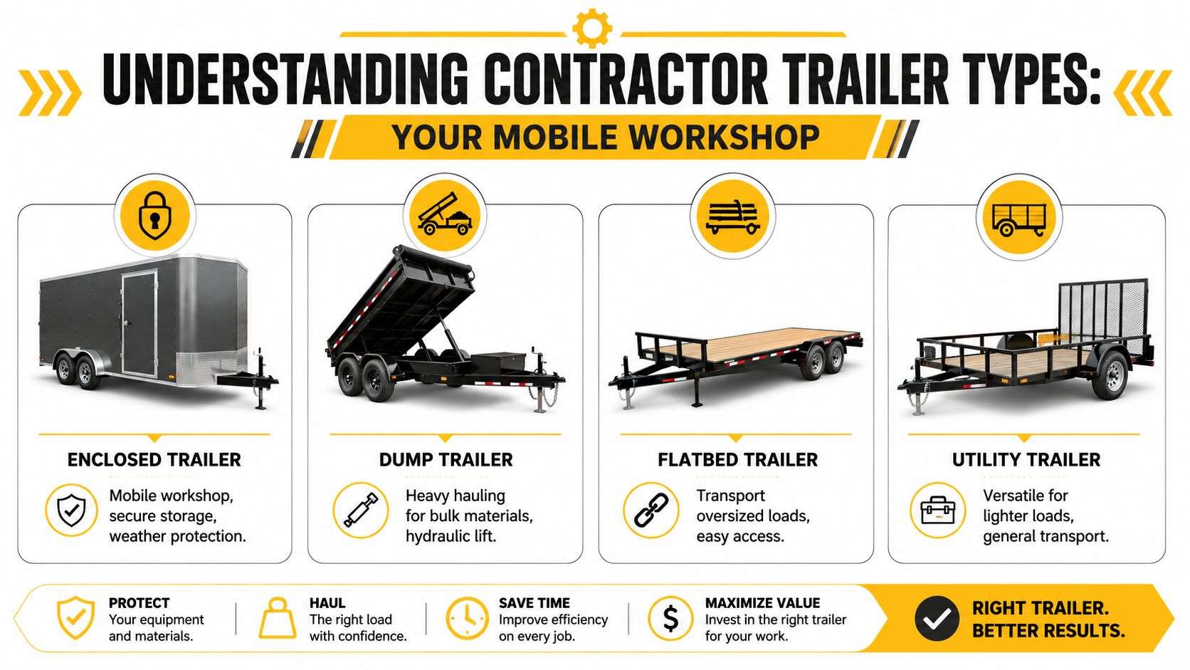 An infographic illustrating four different types of contractor trailers including enclosed, dump, flatbed, and utility models.