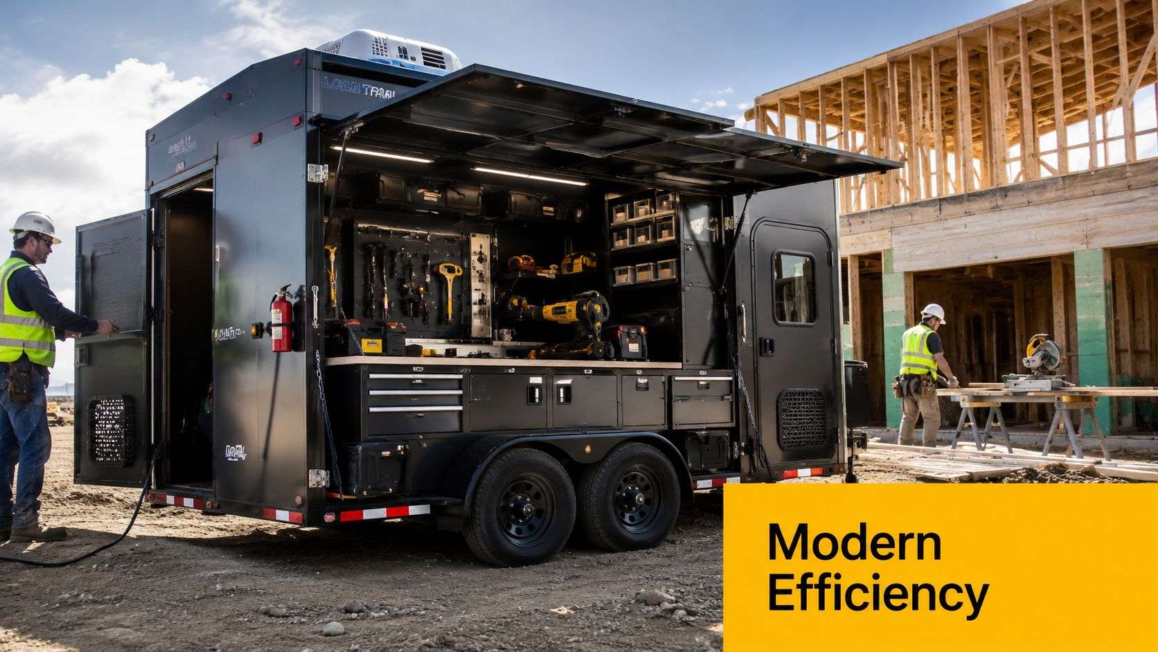 A professional contractor utility trailer set up with tools on a busy construction site with workers.