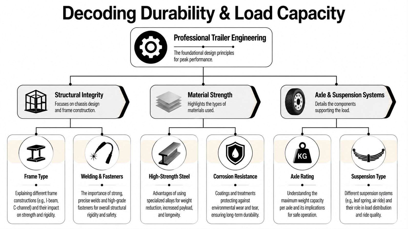 An infographic titled Decoding Durability and Load Capacity showing the structural engineering components of professional trailers.