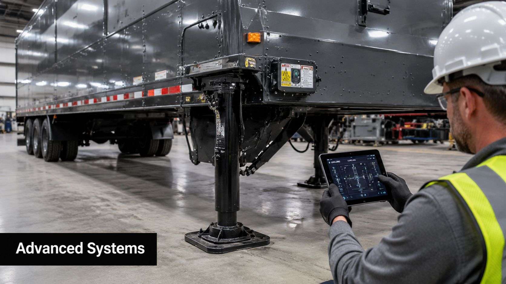 A technician using a tablet to operate the leveling systems on a professional grade trailer in a facility.
