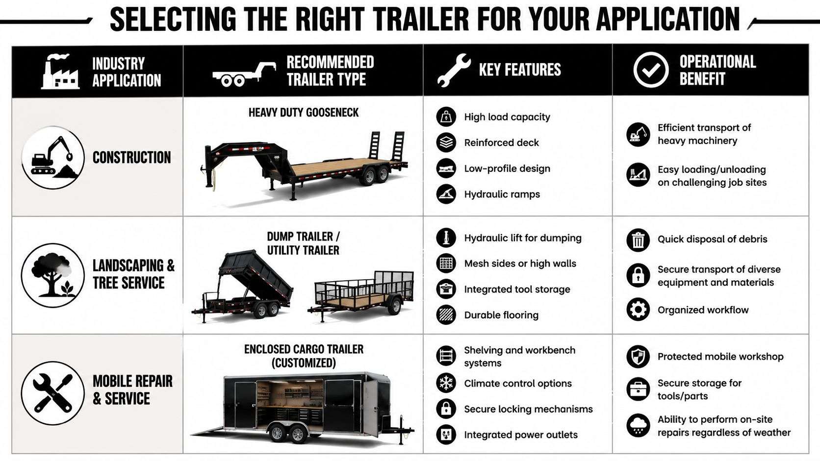 A comparison chart showing recommended trailer types for construction, landscaping, and mobile repair industries.