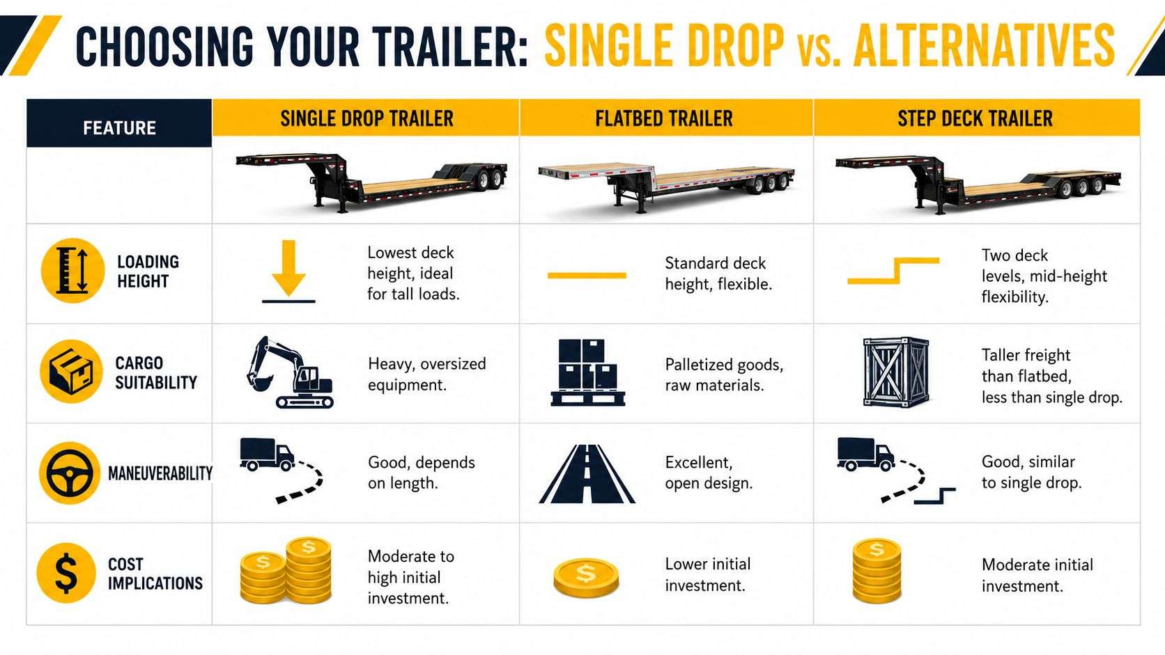 A comparison chart showing features like loading height, cargo suitability, and costs for single drop, flatbed, and step deck trailers.