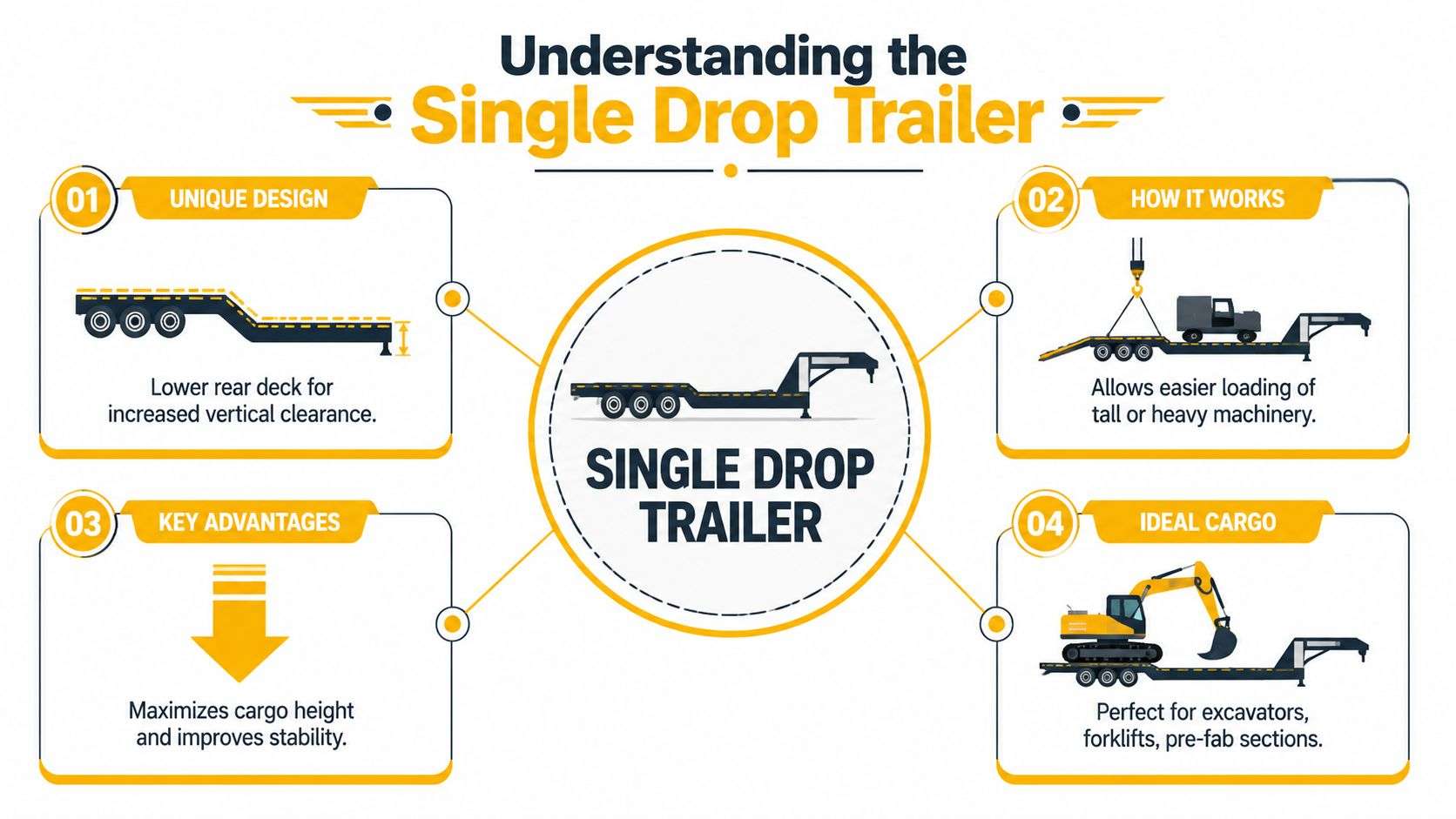 An infographic explaining the design, functionality, advantages, and ideal cargo for a single drop trailer.