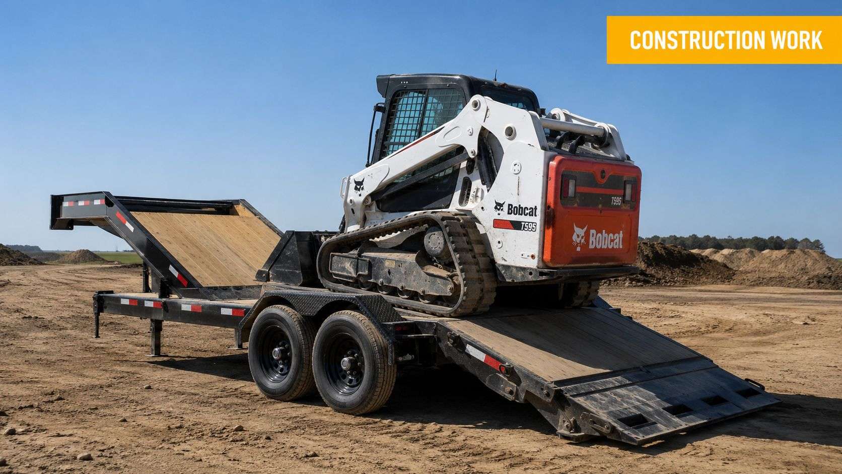 A Bobcat T595 compact track loader parked on a black single drop trailer at a construction site.