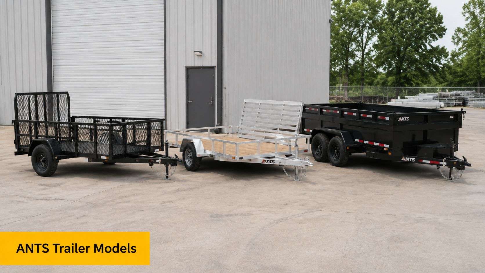 Three different ANTS brand trailers including a mesh utility trailer, a wooden deck trailer, and a dump trailer.