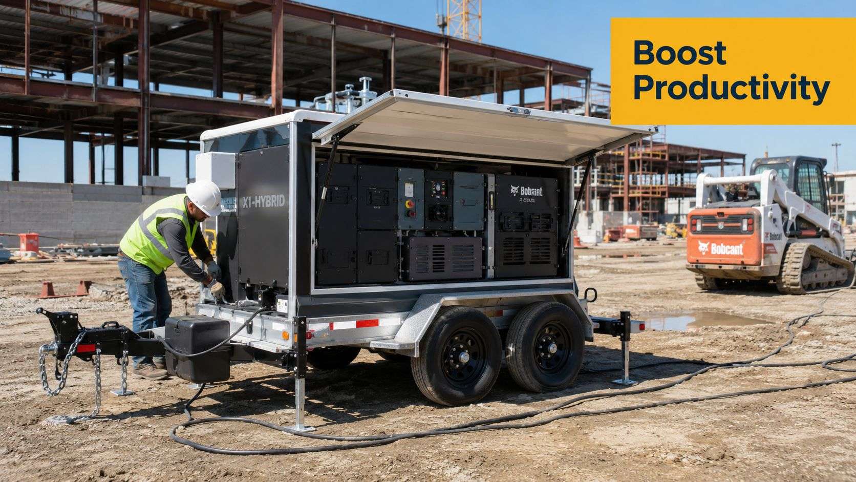 A construction worker connects a cable to a Bobcat X1-Hybrid portable power trailer on a job site.