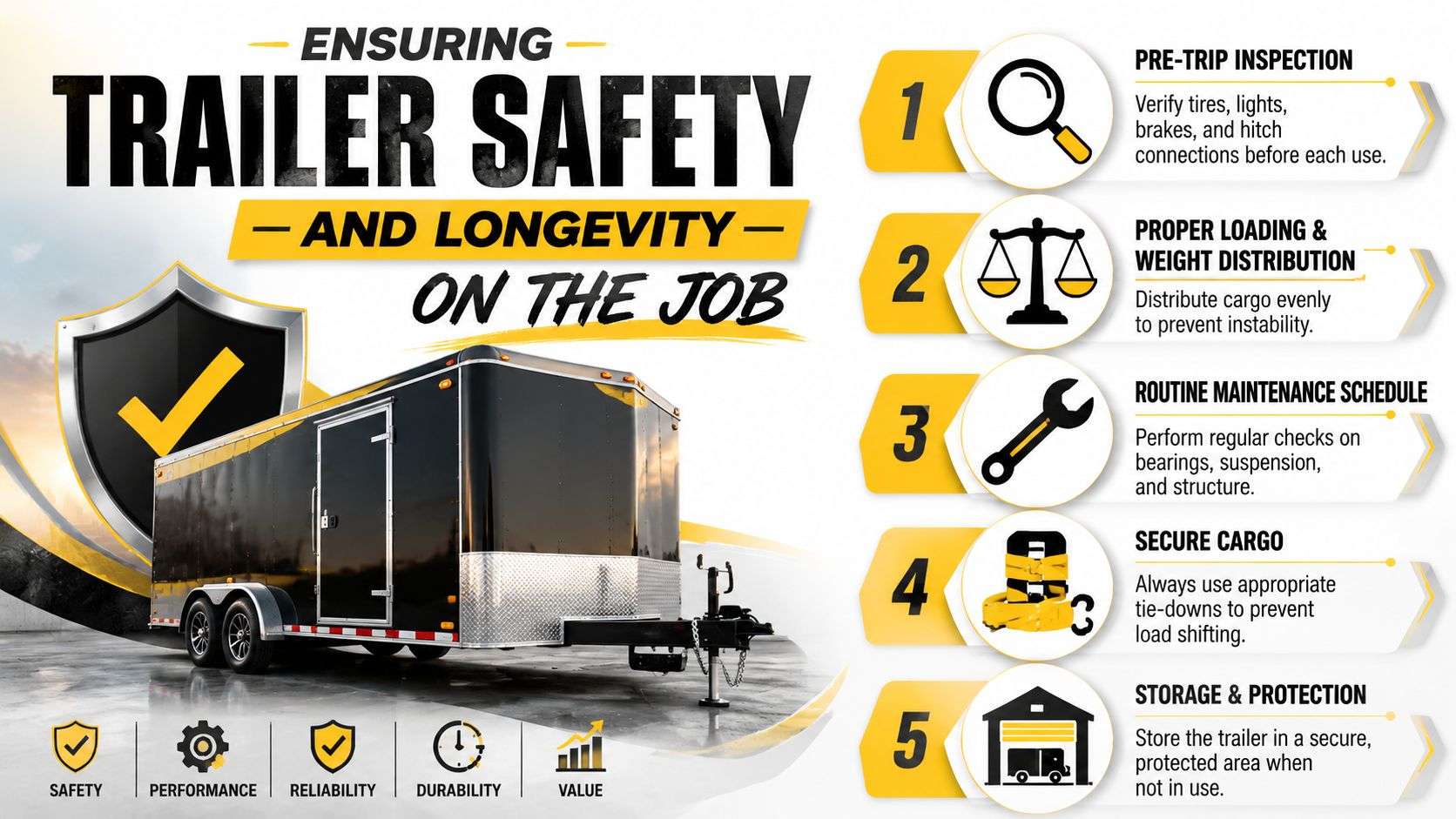 A professional infographic illustrating five essential tips for maintaining trailer safety and longevity on the job.